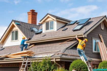 Tetőcsere folyamatát bemutató építkezési jelenet