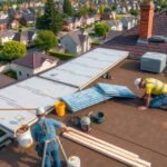 Tetőfelújítás folyamatban, szakemberek dolgoznak egy ház tetején