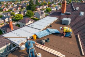 Tetőfelújítás folyamatban, szakemberek dolgoznak egy ház tetején