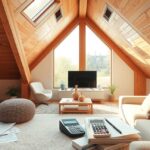 Tetőtér beépítése modern nappali tervezése világos fénnyel.