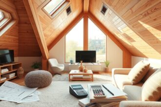 Tetőtér beépítése modern nappali tervezése világos fénnyel.