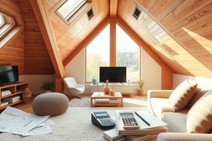 Tetőtér beépítése modern nappali tervezése világos fénnyel.