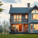 Modern ház cirádával, világos ablakokkal és erkélye