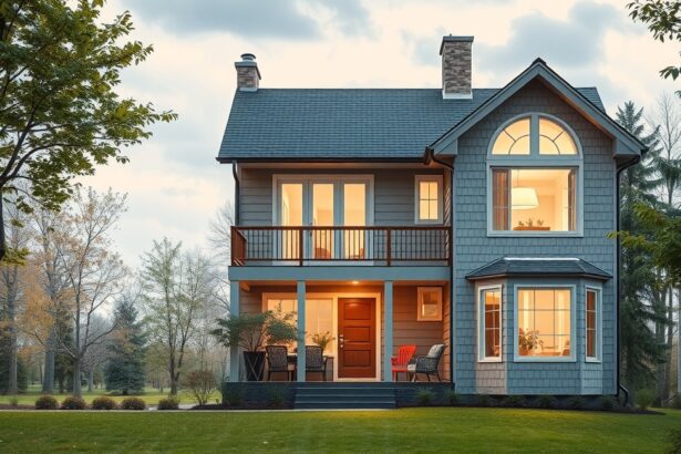 Modern ház cirádával, világos ablakokkal és erkélye