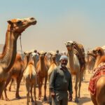 Tevék és egy férfi a sivatagban, arab piacon