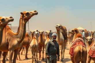 Tevék és egy férfi a sivatagban, arab piacon