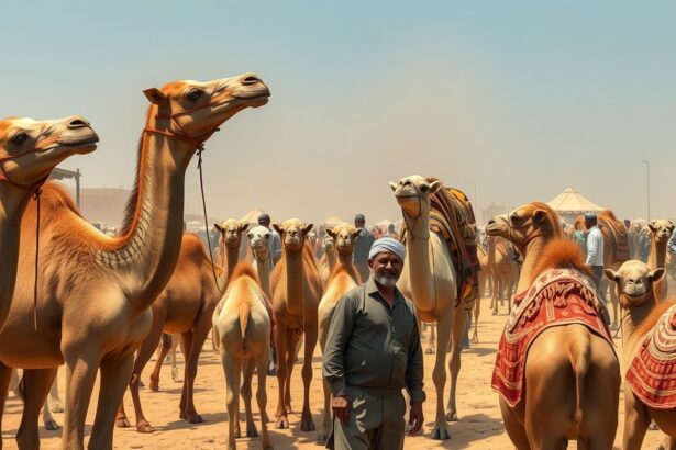 Tevék és egy férfi a sivatagban, arab piacon