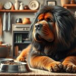 Tibeti masztiff otthon, ételtálakkal és barátságos környezetben.