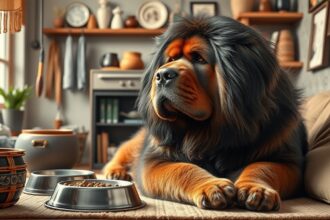 Tibeti masztiff otthon, ételtálakkal és barátságos környezetben.