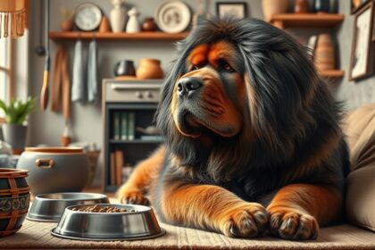Tibeti masztiff otthon, ételtálakkal és barátságos környezetben.