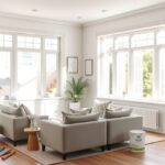 Világos nappali friss tisztasági festéssel és növényekkel