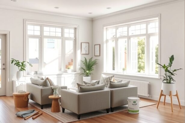 Világos nappali friss tisztasági festéssel és növényekkel