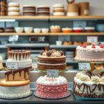 Különböző torták egy cukrászdában, árakkal feltüntetve.