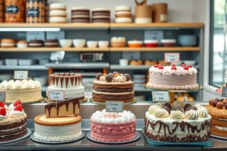 Különböző torták egy cukrászdában, árakkal feltüntetve.