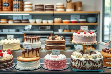 Különböző torták egy cukrászdában, árakkal feltüntetve.