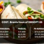 Tortilla wrap és zöldségek az asztalon, árak táblázatával.