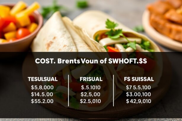 Tortilla wrap és zöldségek az asztalon, árak táblázatával.