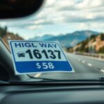 Autópálya-matrica az autó szélvédőjén, háttérben autópályával.