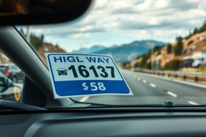 Autópálya-matrica az autó szélvédőjén, háttérben autópályával.