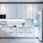 Modern konyha hűtőszekrénnyel és beépített készülékekkel