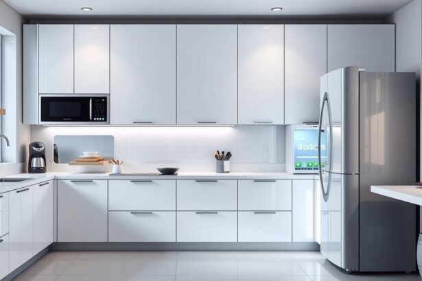Modern konyha hűtőszekrénnyel és beépített készülékekkel