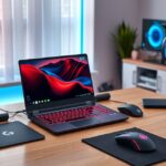 Gamer laptop és felszerelés asztalon RGB világítással