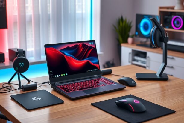 Gamer laptop és felszerelés asztalon RGB világítással