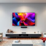 Modern 4K televízió egy stílusos nappaliban, színes háttérképpel.