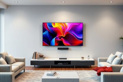 Modern 4K televízió egy stílusos nappaliban, színes háttérképpel.