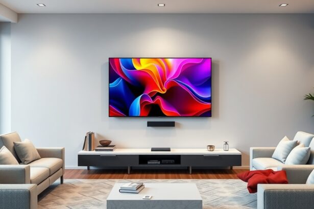 Modern 4K televízió egy stílusos nappaliban, színes háttérképpel.