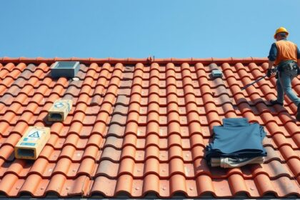 Tetőépítés cserepekkel, szakember a tetőn dolgozik