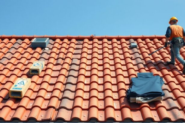 Tetőépítés cserepekkel, szakember a tetőn dolgozik