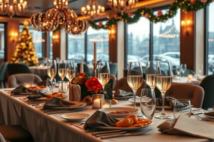 Elegáns újévi vacsora beállítás, terített asztal pezsgővel és virágokkal.