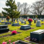 Csendes temető virágokkal és sírkövekkel Magyarországon.