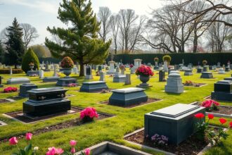 Csendes temető virágokkal és sírkövekkel Magyarországon.