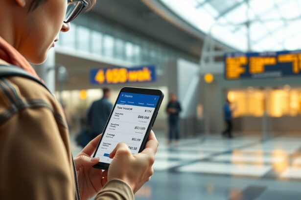 Férfi utazás közben képernyőn utasbiztosítást ellenőriz.