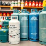 Üres gázpalackok különböző árakkal egy boltban.