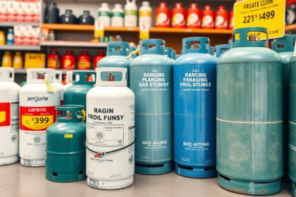 Üres gázpalackok különböző árakkal egy boltban.