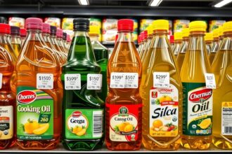 Különböző üveg olajok boltban, árakkal ellátva.