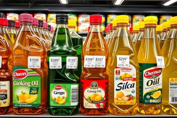 Különböző üveg olajok boltban, árakkal ellátva.