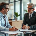 Két férfi tárgyal egy válóperes ügyvéd irodájában.