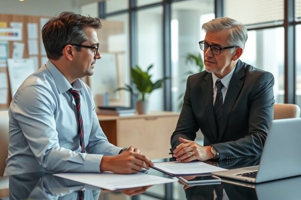 Két férfi tárgyal egy válóperes ügyvéd irodájában.