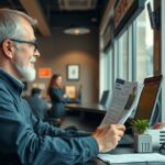 Egy férfi a jogosítvány meghosszabbításához készült anyaggal egy irodában ül.