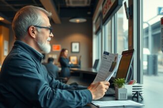 Egy férfi a jogosítvány meghosszabbításához készült anyaggal egy irodában ül.