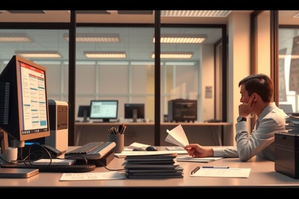 Fiatal férfi egy irodában, dokumentumokat nézve, számítógépek között.