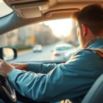 Férfi autóvezetés közben, B kategóriás jogosítvány tanulásához kapcsolódóan.