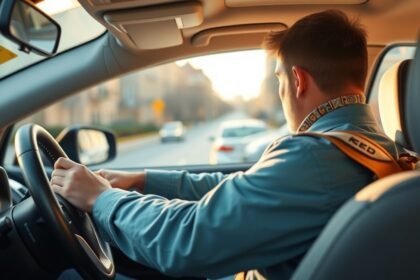 Férfi autóvezetés közben, B kategóriás jogosítvány tanulásához kapcsolódóan.