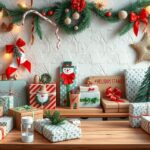 Kreatív karácsonyi csomagolás díszekkel és ajándékokkal.