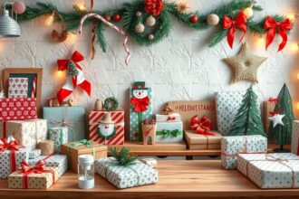 Kreatív karácsonyi csomagolás díszekkel és ajándékokkal.