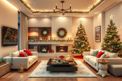 Karácsonyi dekorációs ötletek modern nappaliban.